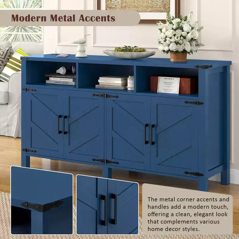 Aparador moderno de 3 estantes y 4 puertas, gabinete de almacenamiento semiabierto para comedor, gabinetes de despensa de cocina con tomas de corriente y puertos USB