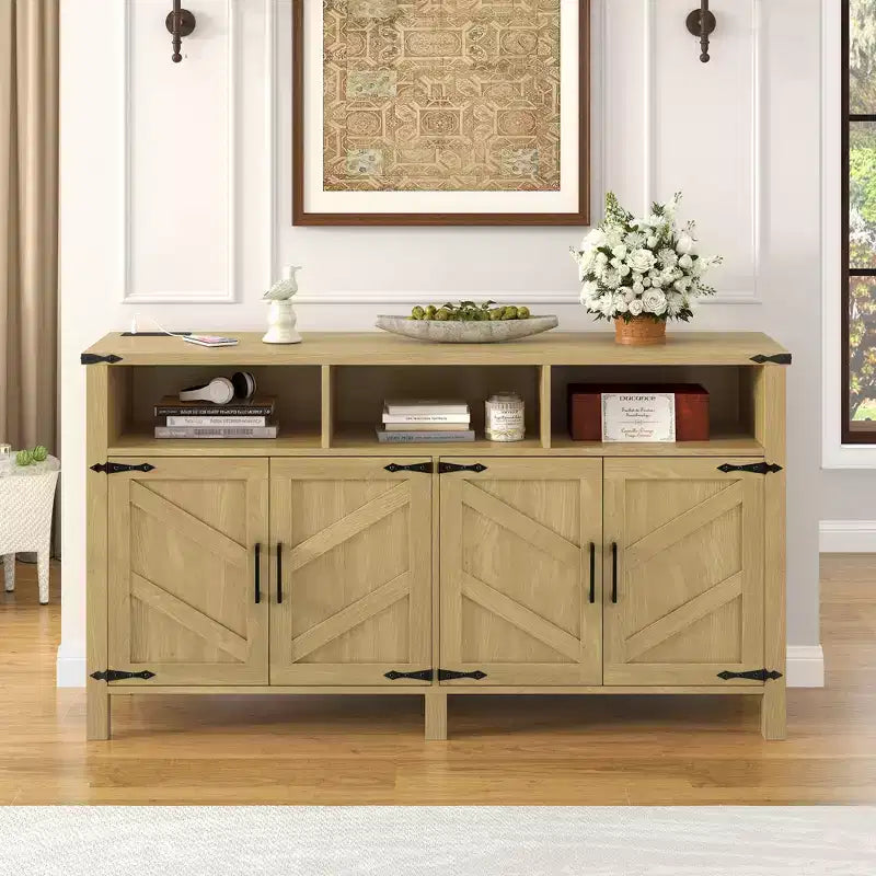 Okak Modern 3-Shelf & 4-Door Sideboard Half-Open Storage Cabinet for Dining Room,Kitchen Pantry Cabinets with Power Outlets & USB Ports