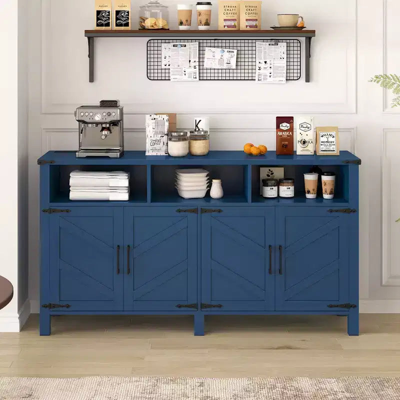 Aparador moderno de 3 estantes y 4 puertas, gabinete de almacenamiento semiabierto para comedor, gabinetes de despensa de cocina con tomas de corriente y puertos USB