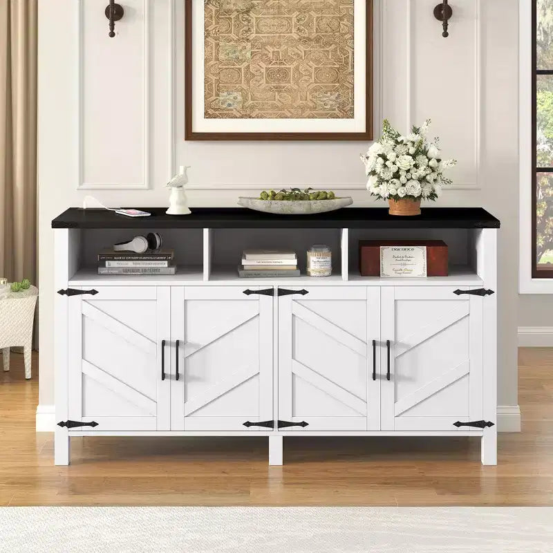 Aparador moderno de 3 estantes y 4 puertas, gabinete de almacenamiento semiabierto para comedor, gabinetes de despensa de cocina con tomas de corriente y puertos USB