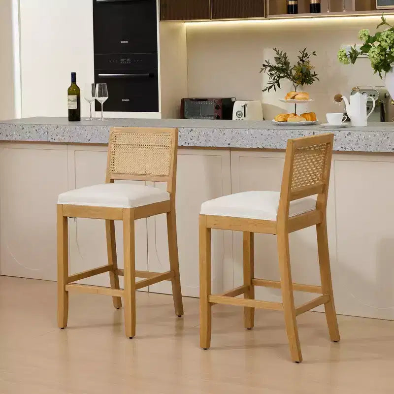 Juego de 2 taburetes de bar de altura de encimera de lino para comedores, sillas sin brazos, taburetes de bar para isla de cocina con respaldo de ratán