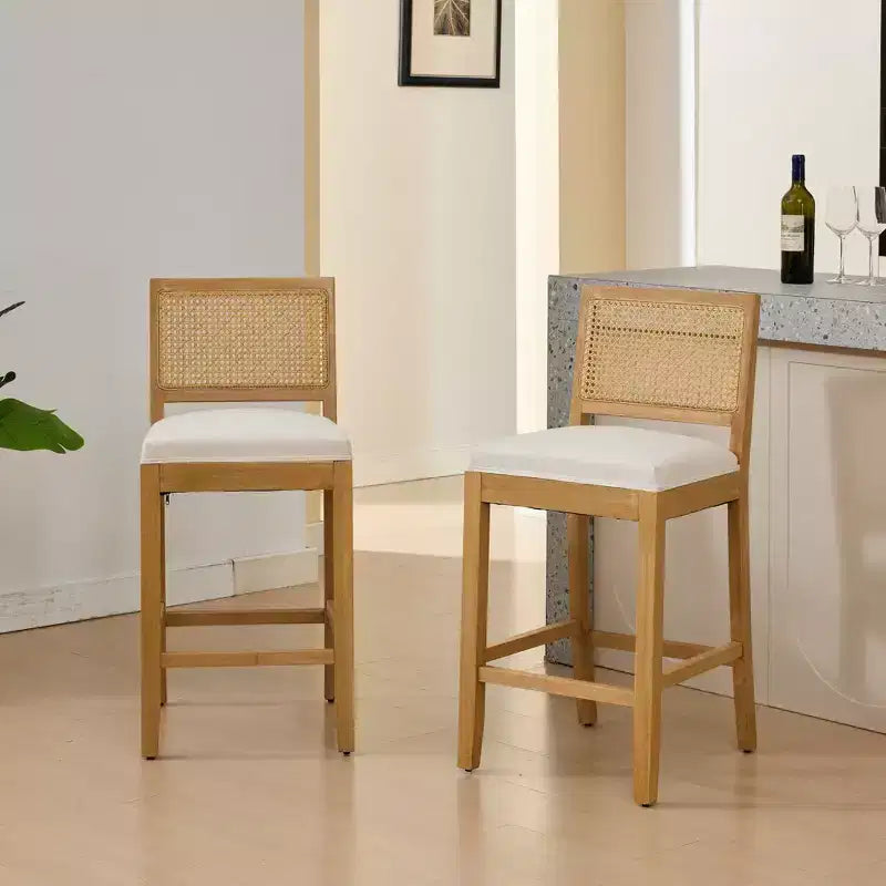 Juego de 2 taburetes de bar de altura de encimera de lino para comedores, sillas sin brazos, taburetes de bar para isla de cocina con respaldo de ratán