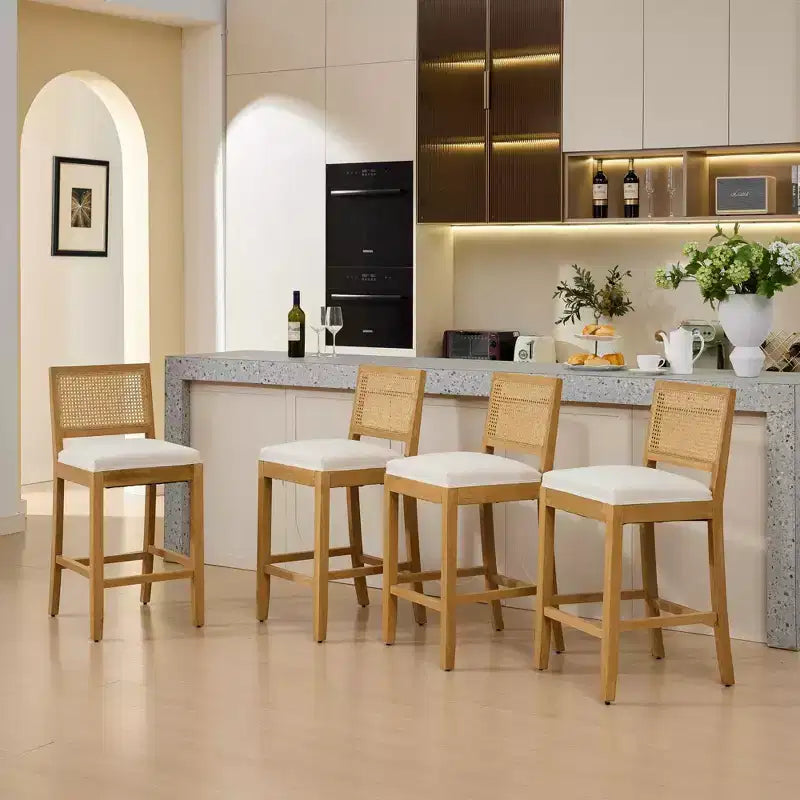 Juego de 2 taburetes de bar de altura de encimera de lino para comedores, sillas sin brazos, taburetes de bar para isla de cocina con respaldo de ratán