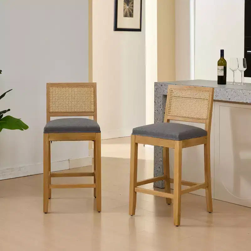 Juego de 2 taburetes de bar de altura de encimera de lino para comedores, sillas sin brazos, taburetes de bar para isla de cocina con respaldo de ratán