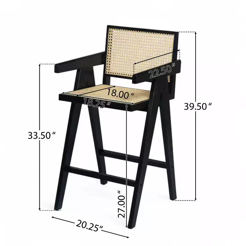 Juego de 2 taburetes de bar de madera maciza a la altura de la encimera para comedores, sillones para isla de cocina con acabado natural y respaldo de ratán