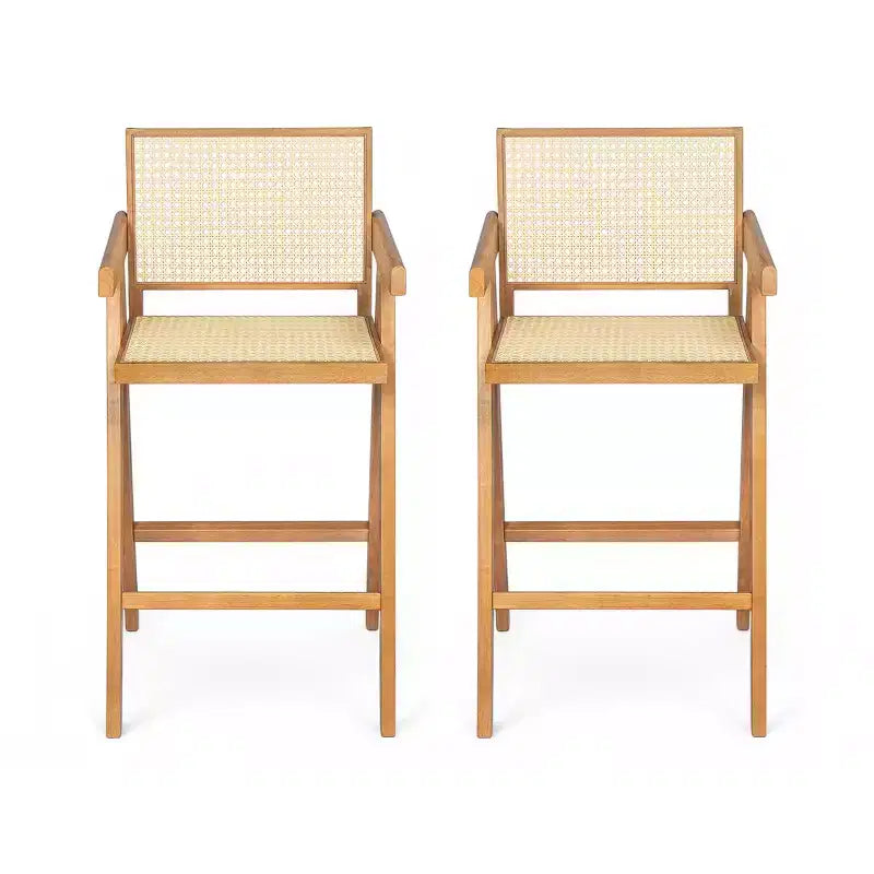 Juego de 2 taburetes de bar de madera maciza a la altura de la encimera para comedores, sillones para isla de cocina con acabado natural y respaldo de ratán