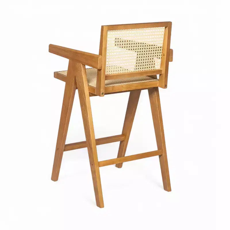 Juego de 2 taburetes de bar de madera maciza a la altura de la encimera para comedores, sillones para isla de cocina con acabado natural y respaldo de ratán