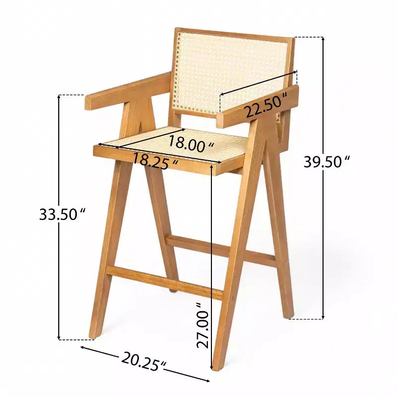 Juego de 2 taburetes de bar de madera maciza a la altura de la encimera para comedores, sillones para isla de cocina con acabado natural y respaldo de ratán