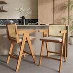 Juego de 2 taburetes de bar de madera maciza a la altura de la encimera para comedores, sillones para isla de cocina con acabado natural y respaldo de ratán