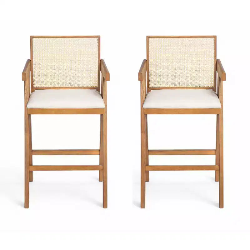 Juego de 2 taburetes de bar de madera maciza a la altura de la encimera para comedores, sillones para isla de cocina con acabado natural y respaldo de ratán