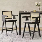 Juego de 2 taburetes de bar de madera maciza a la altura de la encimera para comedores, sillones para isla de cocina con acabado natural y respaldo de ratán