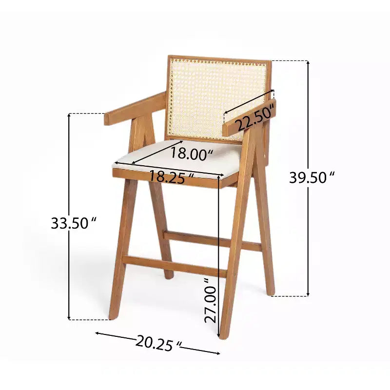 Juego de 2 taburetes de bar de madera maciza a la altura de la encimera para comedores, sillones para isla de cocina con acabado natural y respaldo de ratán