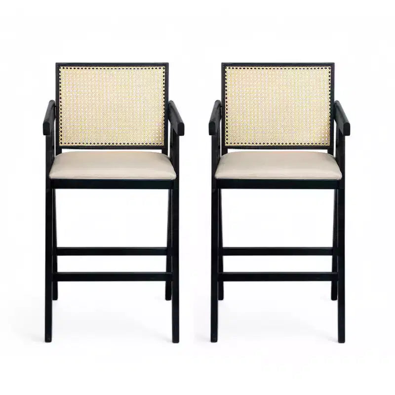 Juego de 2 taburetes de bar de madera maciza a la altura de la encimera para comedores, sillones para isla de cocina con acabado natural y respaldo de ratán