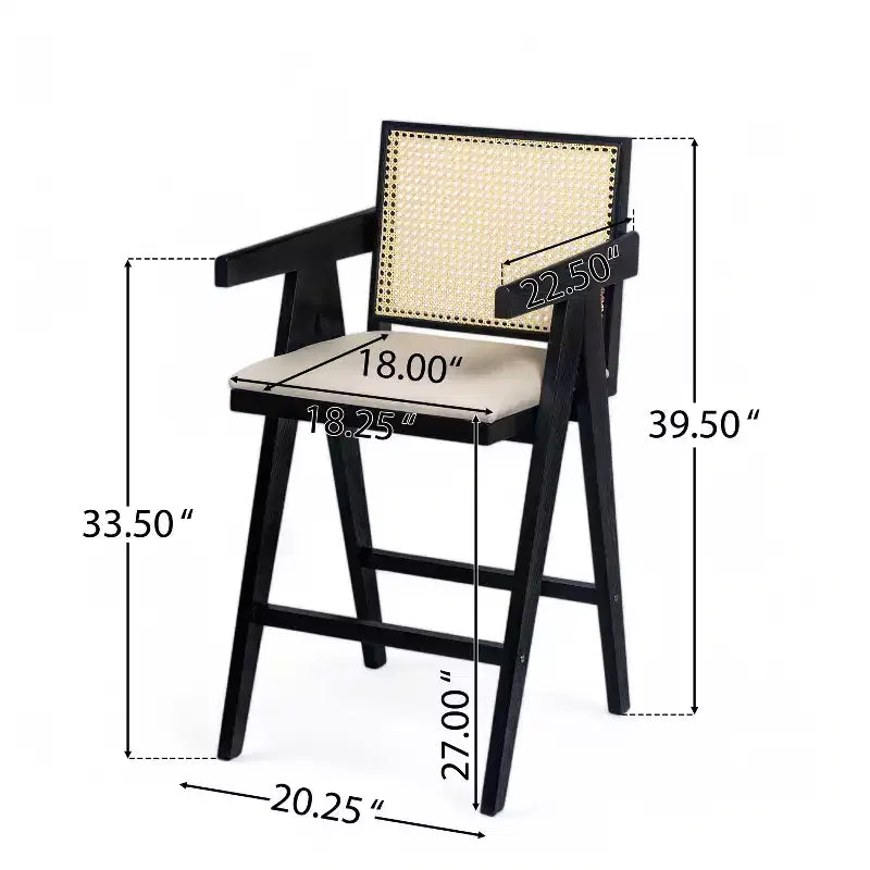 Juego de 2 taburetes de bar de madera maciza a la altura de la encimera para comedores, sillones para isla de cocina con acabado natural y respaldo de ratán