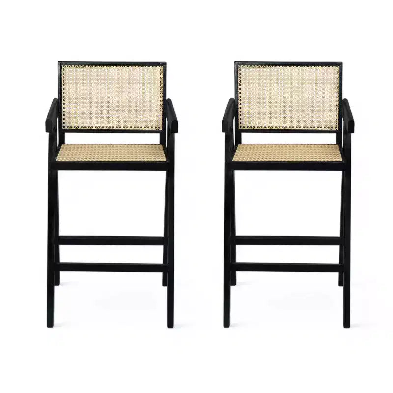 Juego de 2 taburetes de bar de madera maciza a la altura de la encimera para comedores, sillones para isla de cocina con acabado natural y respaldo de ratán