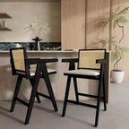 Okak Set of 2 Solid Wood Counter Height Bar Stools for Dining Rooms,Natural Finish Kitchen Island Armchairs with Rattan Back