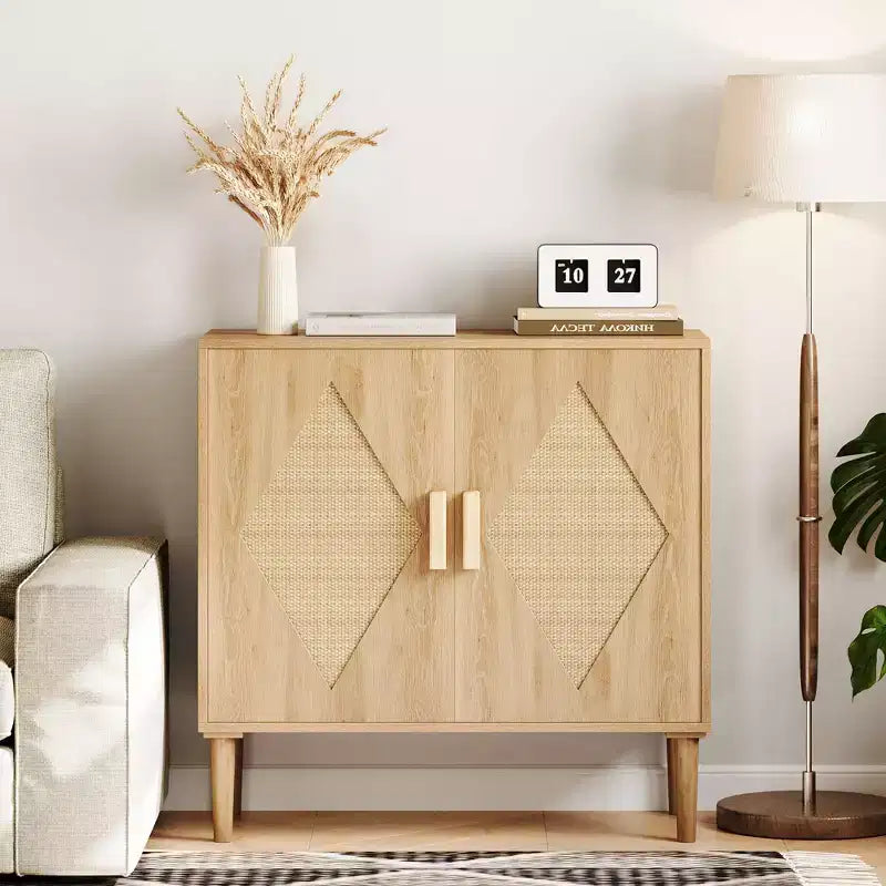 Natural Wood Buffet Cabinet with Rattan Doors & Adjustable Shelves, Freestanding Storage Unit for Living Room, Entryway, and Dining Room Decor