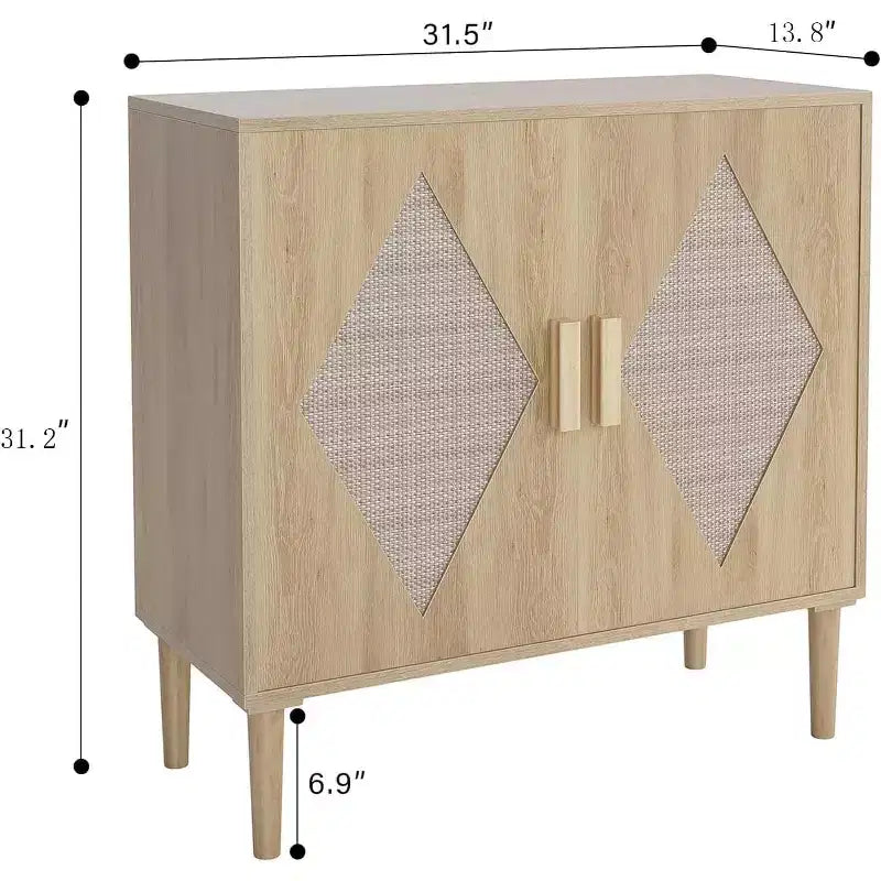 Aparador de madera natural con puertas de ratán y estantes ajustables, unidad de almacenamiento independiente para la sala de estar, la entrada y la decoración del comedor