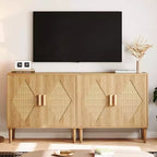 Aparador de madera natural con puertas de ratán y estantes ajustables, unidad de almacenamiento independiente para la sala de estar, la entrada y la decoración del comedor