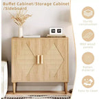 Aparador de madera natural con puertas de ratán y estantes ajustables, unidad de almacenamiento independiente para la sala de estar, la entrada y la decoración del comedor