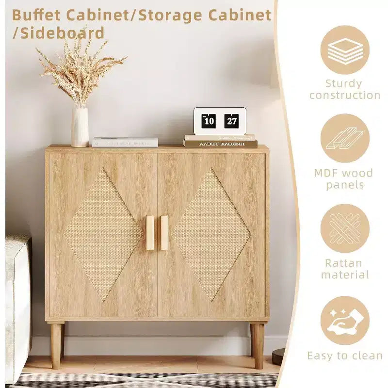 Aparador de madera natural con puertas de ratán y estantes ajustables, unidad de almacenamiento independiente para la sala de estar, la entrada y la decoración del comedor