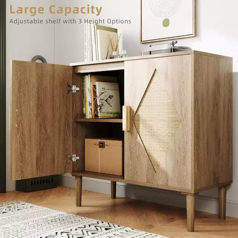 Aparador de madera natural con puertas de ratán y estantes ajustables, unidad de almacenamiento independiente para la sala de estar, la entrada y la decoración del comedor