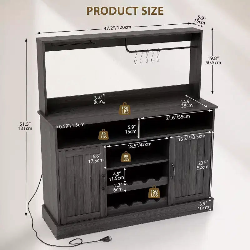 Mueble Barra de Café de Granja de 47 Pulgadas con 5 Ganchos, Aparador con Acabado Negro con Botellero y Almacenamiento de Copas, Gabinete de Almacenamiento Multifuncional, negro
