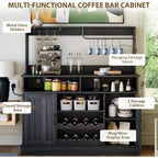 Mueble Barra de Café de Granja de 47 Pulgadas con 5 Ganchos, Aparador con Acabado Negro con Botellero y Almacenamiento de Copas, Gabinete de Almacenamiento Multifuncional, negro
