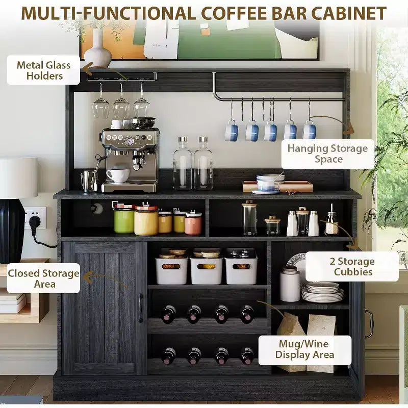 Mueble Barra de Café de Granja de 47 Pulgadas con 5 Ganchos, Aparador con Acabado Negro con Botellero y Almacenamiento de Copas, Gabinete de Almacenamiento Multifuncional, negro
