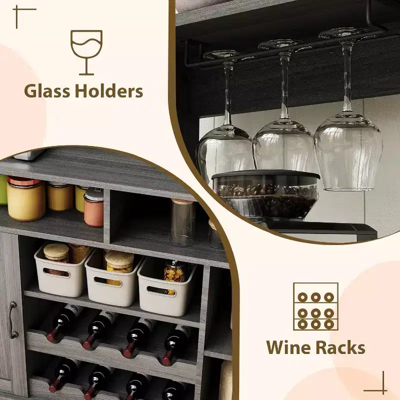 Mueble Barra de Café de Granja de 47 Pulgadas con 5 Ganchos, Aparador con Acabado Negro con Botellero y Almacenamiento de Copas, Gabinete de Almacenamiento Multifuncional, negro