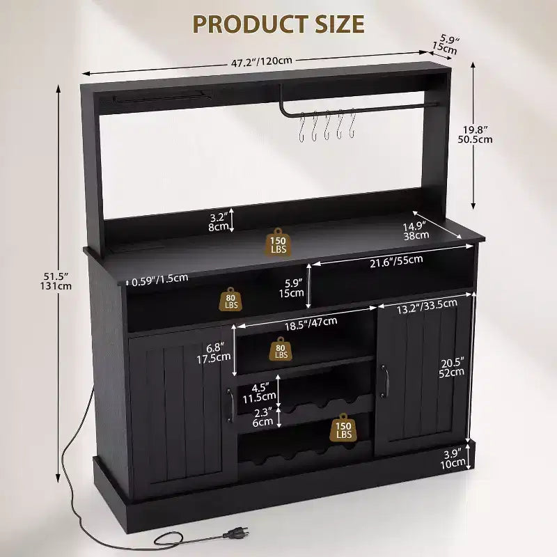 Mueble Barra de Café de Granja de 47 Pulgadas con 5 Ganchos, Aparador con Acabado Negro con Botellero y Almacenamiento de Copas, Gabinete de Almacenamiento Multifuncional, negro