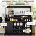 Mueble Barra de Café de Granja de 47 Pulgadas con 5 Ganchos, Aparador con Acabado Negro con Botellero y Almacenamiento de Copas, Gabinete de Almacenamiento Multifuncional, negro