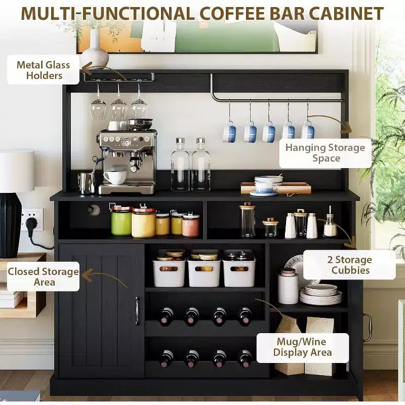 Mueble Barra de Café de Granja de 47 Pulgadas con 5 Ganchos, Aparador con Acabado Negro con Botellero y Almacenamiento de Copas, Gabinete de Almacenamiento Multifuncional, negro