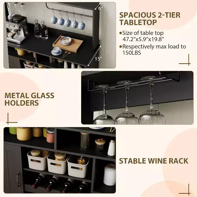 Mueble Barra de Café de Granja de 47 Pulgadas con 5 Ganchos, Aparador con Acabado Negro con Botellero y Almacenamiento de Copas, Gabinete de Almacenamiento Multifuncional, negro