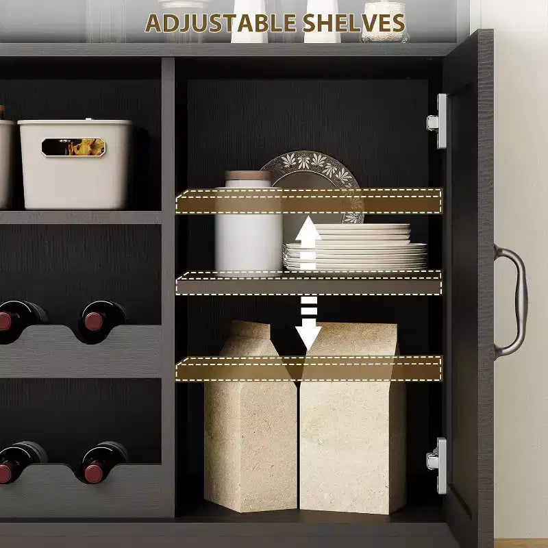 Mueble Barra de Café de Granja de 47 Pulgadas con 5 Ganchos, Aparador con Acabado Negro con Botellero y Almacenamiento de Copas, Gabinete de Almacenamiento Multifuncional, negro