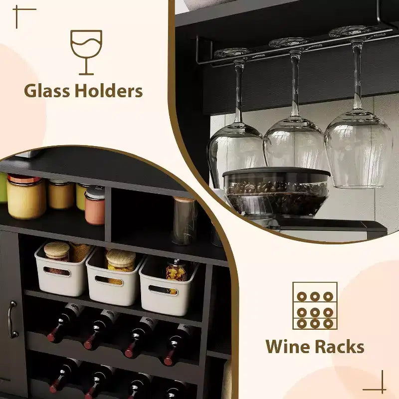 Mueble Barra de Café de Granja de 47 Pulgadas con 5 Ganchos, Aparador con Acabado Negro con Botellero y Almacenamiento de Copas, Gabinete de Almacenamiento Multifuncional, negro