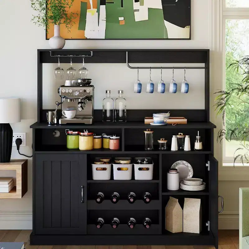 47 Inch Farmhouse Coffee Bar Cabinet with 5 Hooks, Black Finish Sideboard with Wine Rack and Goblet Storage, Multi-Functional Storage Cabinet,black
