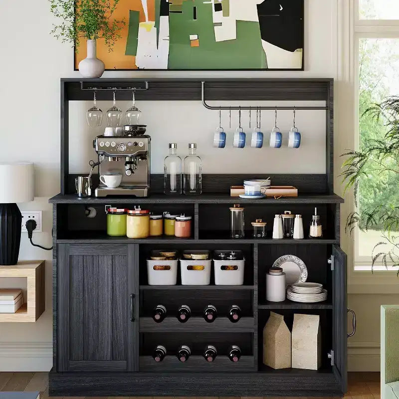Mueble Barra de Café de Granja de 47 Pulgadas con 5 Ganchos, Aparador con Acabado Negro con Botellero y Almacenamiento de Copas, Gabinete de Almacenamiento Multifuncional, negro
