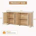 Aparador de ratán natural de 4 puertas, aparador de almacenamiento de estilo rústico con patas de madera para cocina, comedor o recibidor, 155.9 cm (largo) x 39.8 cm (profundidad)