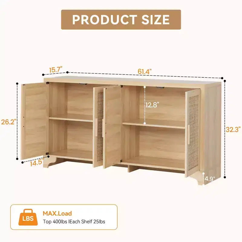 Aparador de ratán natural de 4 puertas, aparador de almacenamiento de estilo rústico con patas de madera para cocina, comedor o recibidor, 155.9 cm (largo) x 39.8 cm (profundidad)