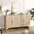 Aparador de ratán natural de 4 puertas, aparador de almacenamiento de estilo rústico con patas de madera para cocina, comedor o recibidor, 155.9 cm (largo) x 39.8 cm (profundidad)