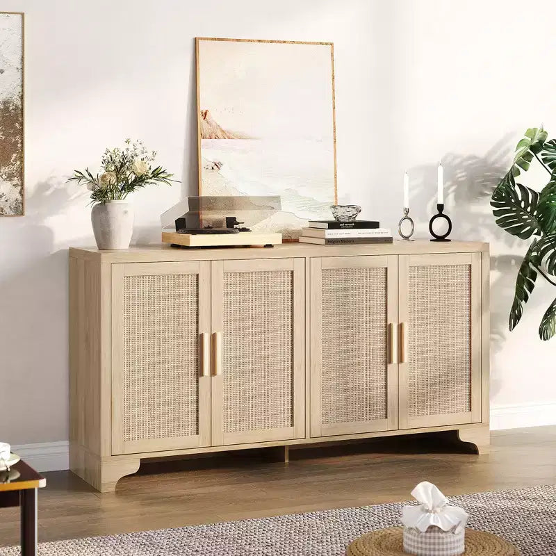 Aparador de ratán natural de 4 puertas, aparador de almacenamiento de estilo rústico con patas de madera para cocina, comedor o recibidor, 155.9 cm (largo) x 39.8 cm (profundidad)