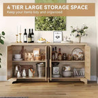 Aparador de ratán natural de 4 puertas, aparador de almacenamiento de estilo rústico con patas de madera para cocina, comedor o recibidor, 155.9 cm (largo) x 39.8 cm (profundidad)