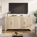 Aparador de ratán natural de 4 puertas, aparador de almacenamiento de estilo rústico con patas de madera para cocina, comedor o recibidor, 155.9 cm (largo) x 39.8 cm (profundidad)