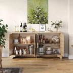 Aparador de ratán natural de 4 puertas, aparador de almacenamiento de estilo rústico con patas de madera para cocina, comedor o recibidor, 155.9 cm (largo) x 39.8 cm (profundidad)