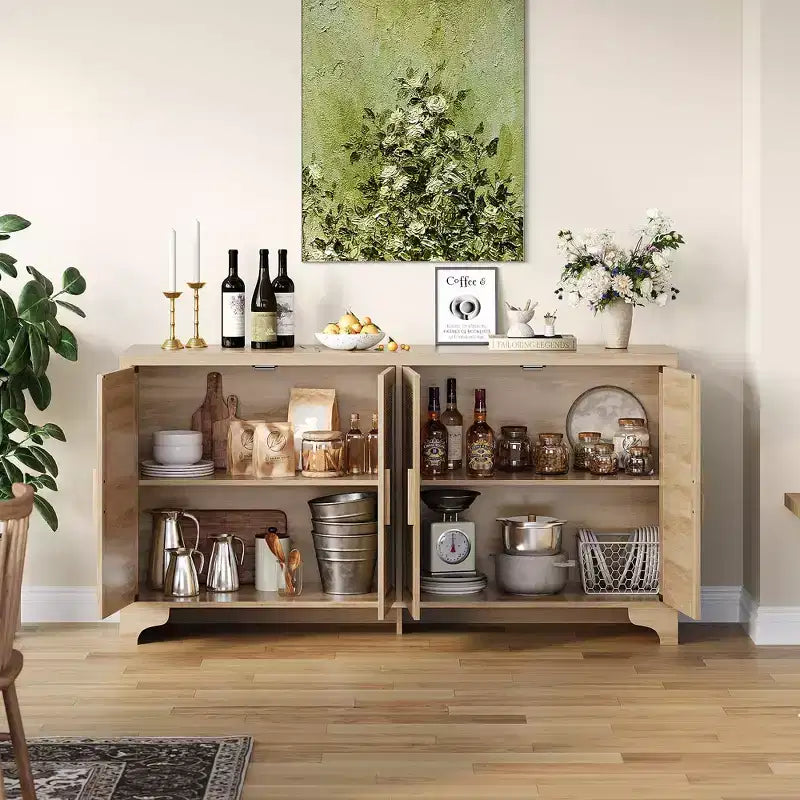 Aparador de ratán natural de 4 puertas, aparador de almacenamiento de estilo rústico con patas de madera para cocina, comedor o recibidor, 155.9 cm (largo) x 39.8 cm (profundidad)