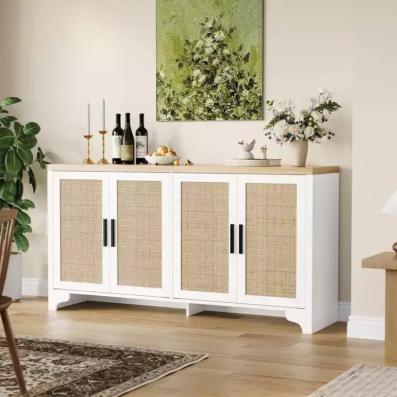 Aparador de ratán natural de 4 puertas, aparador de almacenamiento de estilo rústico con patas de madera para cocina, comedor o recibidor, 155.9 cm (largo) x 39.8 cm (profundidad)