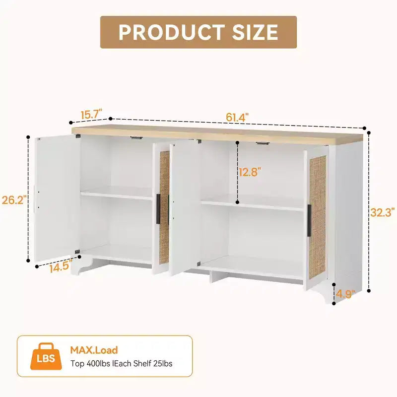Aparador de ratán natural de 4 puertas, aparador de almacenamiento de estilo rústico con patas de madera para cocina, comedor o recibidor, 155.9 cm (largo) x 39.8 cm (profundidad)