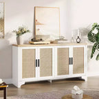 Aparador de ratán natural de 4 puertas, aparador de almacenamiento de estilo rústico con patas de madera para cocina, comedor o recibidor, 155.9 cm (largo) x 39.8 cm (profundidad)