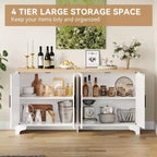 Aparador de ratán natural de 4 puertas, aparador de almacenamiento de estilo rústico con patas de madera para cocina, comedor o recibidor, 155.9 cm (largo) x 39.8 cm (profundidad)